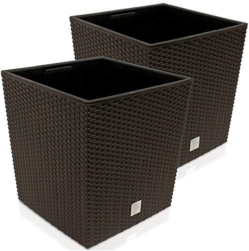 DEUBAŽ 2X Blumentopf 65L 40x40x41cm Rato Low Innentopf Mit Griffen Wetterfest Rattanoptik Pflanzkasten Übertopf Pflanzkübel Blumenkasten Quadratisch Umbra