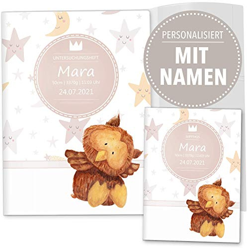 OLGS U-Heft und Impfpasshülle Set 3-teilig | Sleepy Mond und Sterne | Untersuchungsheft & Impfpass Hülle personalisierte Geschenke Baby | Babygeschenk (U-Heft Set 3-teilig personalisiert, Eule)