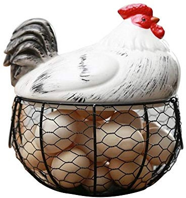 Huevo titular de forma de pollo de cerámica cesta de huevos de metal decorativa de cocina cestas de almacenamiento de 19 × 22 cm