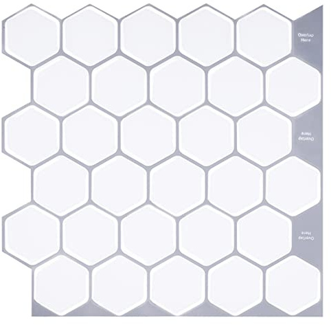 WalDecoo White 3D Hexagonal Peel and Stick Wall Tiles, 10 Sheets, Waterproof, Self Adhesive Backsplash for Kitchen and Bathroom (10 sq ft)