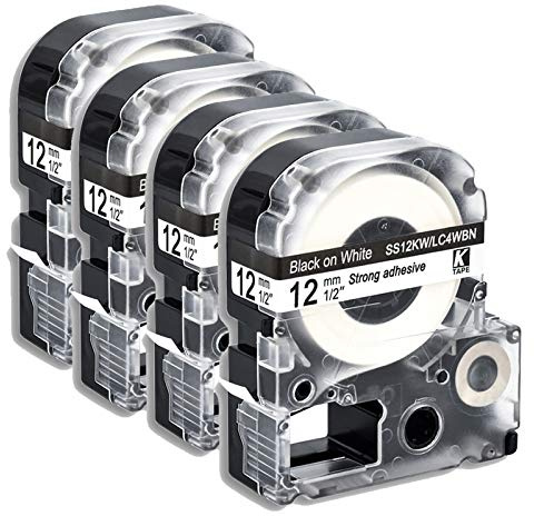 Caidi Schriftband für Etikettiergerät, kompatibel mit S12KW LC-4WBN, 12 mm x 8 m, für LabelWorks LW-300 LW-300L LW-400 LW-500 LW-600P Etikettierer (Schwarz auf Weiß, 4 Stück)