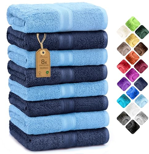 NatureMark 8 Handtücher Set - 100% Baumwolle - Saugfähige und langlebige Handtücher, Größe 50×100 cm, Hellblau/Navy