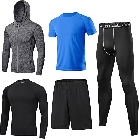 BUYJYA Sportkläder för män kompressionskläder fitness 5-delat set löparkompressionsbyxor skjortor toppar långärmad jacka