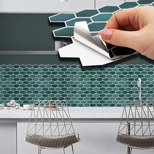 WALPLUS 28.5x14cm@12 pcs Shimmering Green Honeycomb Hexa Wall Tile Sticker Backsplash Tile Paint Stick on Tiles Peel and Stick Self Adhesive Wall Tiles Stickers for Kitchen Bathroom Tile Transfer