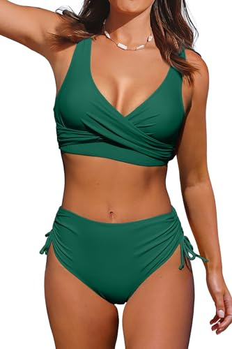 Beachsissi Damen Hoch taillierte Badeanzüge Criss Cross Drawstring Side Bikini Sets Lace Up 2 Stück Badeanzüge, Grün, XL