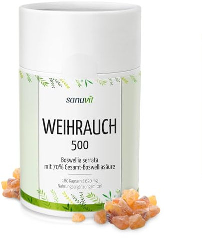 Sanuvit® - Weihrauch Kapseln 500 mg | 180 Kapseln | Hochdosiert | Indischer Boswellia serrata | Hohe Bioverfügbarkeit | Mit Premium Rohstoff Boswellin® | Vegan | Hergestellt in Österreich