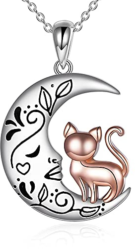 Katthalsband för kvinnor sterling silver måne katt hänge ros blomma smycken gåva e sterlingsilver, colore: Platina och roseguld