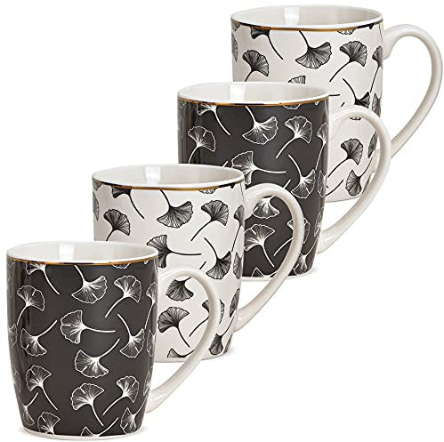 Lot de 4 tasses à café en porcelaine moderne de 300 ml pour cappuccino, café, thé - Avec feuille de ginkgo - Passe au lave-vaisselle et au micro-ondes