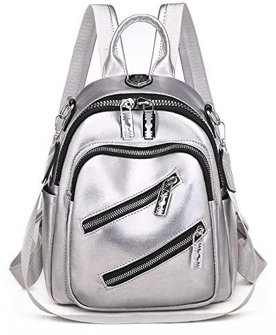 Mode Damen Rucksack Pu-Leder Reiserucksack Lässig Umhängetasche Schultasche Für Teenager Mädchen Rucksäcke,Silber,23cm x 12cm x 28cm