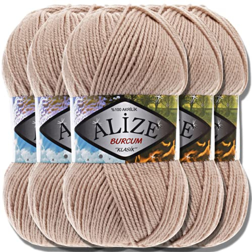Alize 5x 100g Burcum Klasik Classic Türkische Premium Wolle 100% Acryl Handstrickgarne Uni Einfarbig | Garn | Yarn Babywolle Strickgarn zum Baby Häkeln Stricken (Beige | 256)