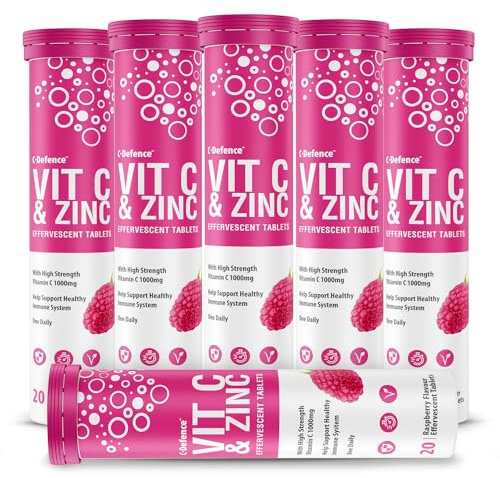 Vitamin C 1000mg & Zinc 15mg Raspberry Flavour Effervescent Tablets - High Strength Tablets for a Healthy Immune System (6 Tubes)