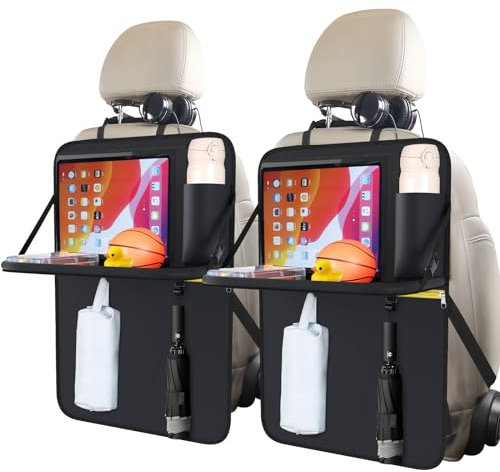 Oasser Car Seat Organiser 2 Pack, Car Organiser Back Seat for Kids with 2 Foldable Table Tray 13 Inches iPad Touch Screen Storage Zipper Pockets(2 Table Tray)