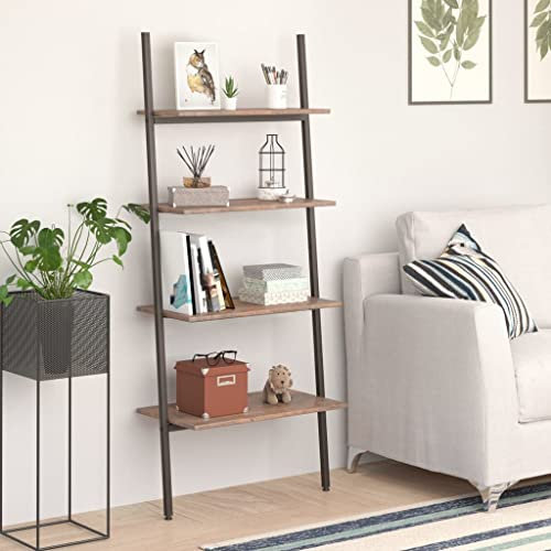 FIRBNUS Anlehnregal mit 4 Ablagen Dunkelbraun und Schwarz 64x34x150,5cm Küchenregal Wohnzimmer Möbel Holzregal Metallregal Leiterregal Holz Ladder Shelf Lager Regal Leiterregal Outdoor