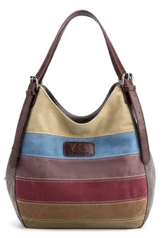 CORIOS Damen Canvas Schultertasche Multi-Color Streifen Handtasche Vintage Henkeltaschen Große Tragetasche Henkeltasche mit Mehreren Taschen Casual Tote Beutel Grau