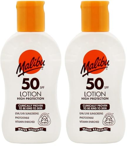 Malibu Sun SPF 50 Lotion, Very High Protection Sun Cream, Water Resistant, Vitamin E and Aloe Vera Extract, 100ml (Pack of 2)