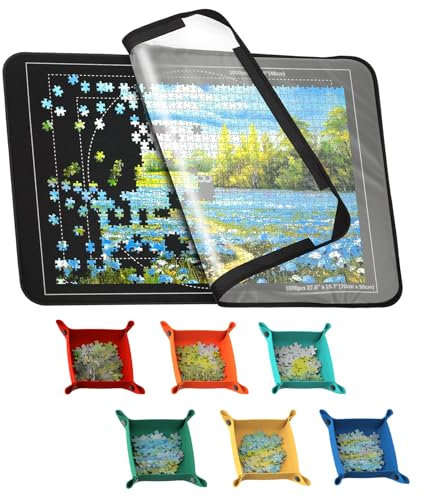 Puzzlematte mit Abdeckung, Puzzlebrett für 1000 500 Teile, 32*22 inches, Rutschfeste Puzzle Board Saver für Puzzle Storage Organizer, Geschenk für Kinder Erwachsene (6 Sorting Trays & 1 Clear Cover)