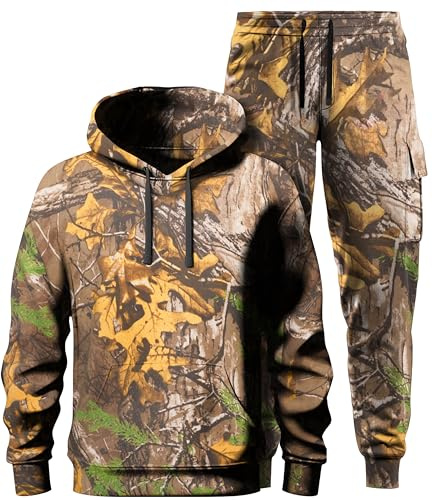 Men's Jungle Tree Print Camouflage Pullover Sweatshirt Hoodie & Camo Bottom Joggers Tracksuit Set for Fishing Hunting Outdoor Wear Sweat Suit (UK, Alpha, L, Regular, Regular, Camo)