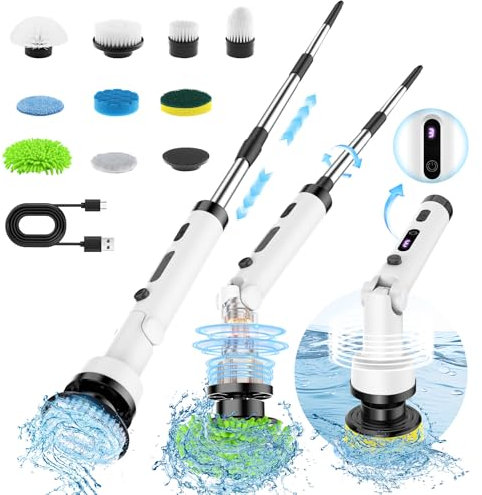 TEMOLA Cepillo Electrico Limpieza Hogar, Cepillos Eléctrico Limpieza con 9 Cabezales de Cepillo de Repuesto, Fregadora Giratoria Eléctrica con 3 Velocidades Mango Ajustable baño, Tina, Cocina, Piso