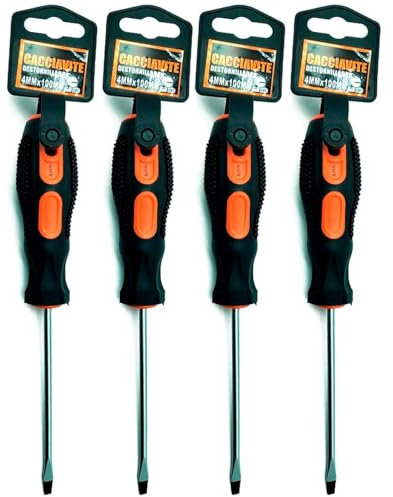 Tradineur Lot de 4 tournevis plats 4 x 100 mm, outil manuel, bricolage et montage, pointe magnétique, acier inoxydable.
