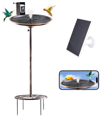 Vasca per uccelli da giardino e fontana rotonda a energia solare con fotocamera intelligente, fotocamera HD 1080p, cattura automatica video per il bagno degli uccelli, regalo per bird watching