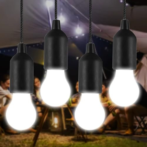 MVIOCS LED Pull Cord Light Bulb 4 Pack, LED Camping Lantern Lights Hanging Tent Lamp Light Bulbs for Camping, Hiking, Home Decor, Hurricane Emergency, Storms, Outages and More (4pcs Black)