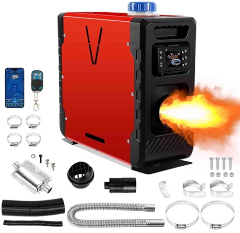 Fiqops Calefacción de estacionamiento diésel de 8 kW, 12 V/24 V CC, 5 L, con aplicación Bluetooth, mando a distancia y pantalla LCD, para coche, camping, caravana, color rojo