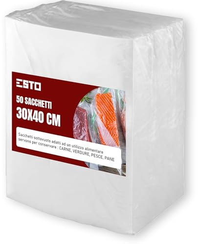 ESTO Sacchetti Sottovuoto per Alimenti, 50 Buste Trasparenti Rettangolari, Sottovuoto, Monouso, 30x40 cm
