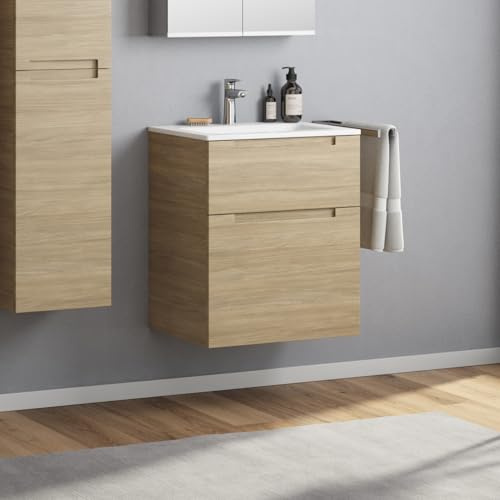 Zentrobad Premium Waschbecken mit Unterschrank Eiche 60 cm Waschtisch Badmöbel Badezimmer Schrank Badschrank mit Zwei Schubladen (Eiche Natur)