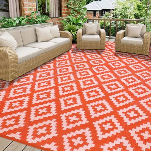 Homcomodar Outdoor Teppich für Patio Clearance 270x365cm UV-beständige Camping Matte Kunststoff Stroh Teppiche Patio Teppich Reversible Matten für BBQ Picknick Deck(Orange/Rosa)