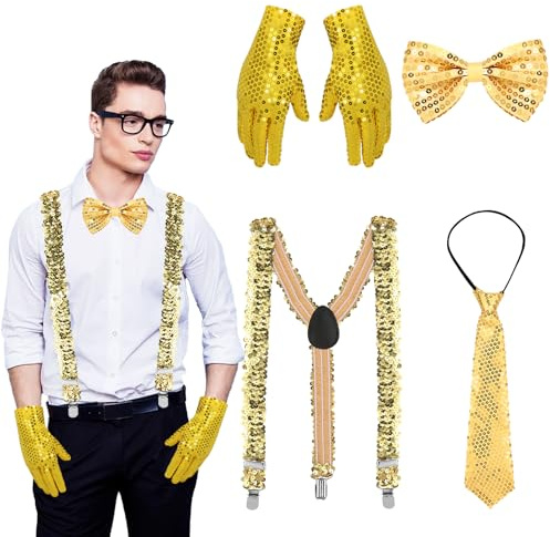 LUYANFX 4 Stück Glitzer Kostüm Accessoires Herren, Silvester Kostüm Zubehör Pailletten Outfit Herren, mit Hosenträger, Fliege, krawatte, Handschuhe, für Neujahr Karneval Hip-Hop Dance Mottoparty