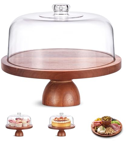 Kootek Tortenständer mit Deckel, 30,5 cm Kuchenteller, 2-in-1-Kuchentablett Charcuterie Board mit Kuppelabdeckung, Akazienholz Desserttisch Display Set für Küche, Geburtstag, Hochzeit, Vorspeise
