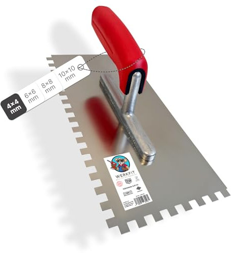 WERKFIT Profi Zahnkelle aus Edelstahl 4 mm - Glättekelle gezahnt Rostfrei - Zahnspachtel mit Softgriff - Traufel Hergestellt in Österreich 280x130mm(4x4mm)