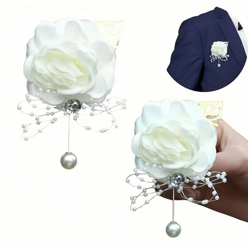 Businey 2PCS Corsages for Weddings, Boutonniere Set Rose Corsages, Corsage Buttonhole Flowers with Pearl, Button Holes Flowers for Wedding Bridal Shower Prom Bridesmaid