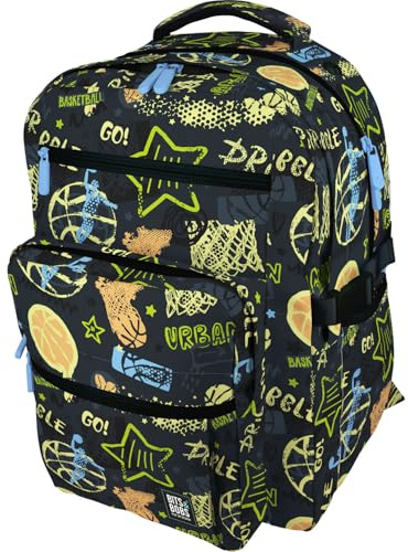 Grafoplás Stor skolryggsäck, 32 x 46 x 24 cm, 31 liter, vadderat område för bärbar dator, modell Bigpack, gatudesign, Bits&Bobs Pop-Up Design, Maximal ergonomi, Blå, XL, skola