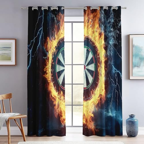 Verdunklungsvorhänge mit Ösen H 200 x B 70 cm (2er Pack), Wohnzimmer Gardinen mit Spiel Dart Fotografie Dekorative Thermovorhang Isolierend Vorhänge Blickdicht, Dunkelblaugrau