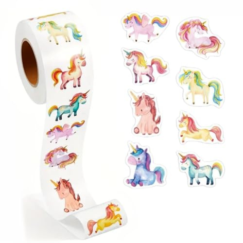 500Pcs Unicorn Stickers Roll,Cute Self-Adhesive Rainbow Unicorn Stickers,Waterproof Cartoon DIY Craft Labels,Cartoon Animal Decals for Reward Envelope Seal Letter Invitation Decoration,Party Supplies