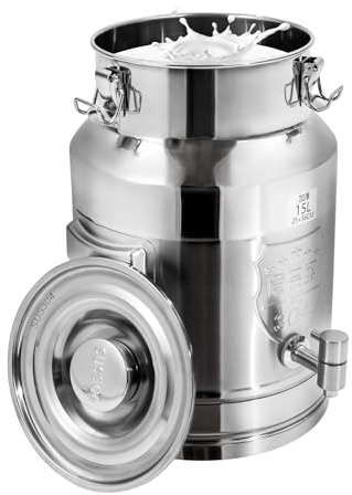 304 Stainless Steel Milk Can, 15 Liter Water Beverage Drink Dispenser Milk Pail Bucket With Thick Handle, Heavy Duty Milk Transport Cans Jug For Storing Grease, Ghee, Milk, Coffee, Vinegar, And Honey