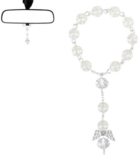 Perlen Schutzengel Autospiegel Anhänger,Kristall Deko für Auto Innenraum, Guardian Angel Geschenk mit Rosenkranz Design,Glücksbringer & Auto Zubehör für Führerschein Bestanden (Silber)