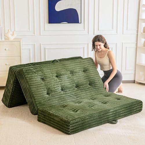 MAXYOYO Folding Mattress with Handles, 6 Inch Tri-Fold Mattress Floor Sofa Bed, Soft Faux Fur Folding Bed with Supportive Foam Filling, Portable Guest Couch for Sleeping, Queen, Dark Green