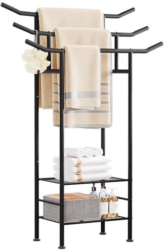 Yorbay Porte-serviettes autoportant noir en métal : porte-serviettes debout avec 3 barres porte-serviettes et 2 étagères pour serviettes de bain, vêtements, porte-serviettes moderne, pour salle de