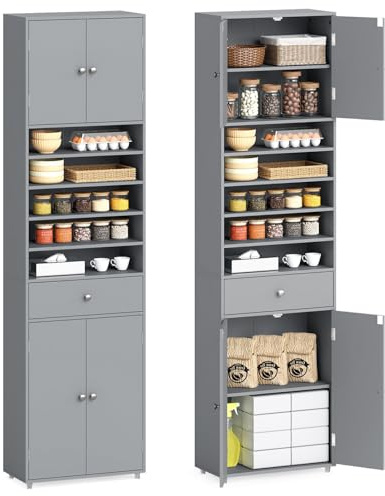 TANGZON 180CM Tall Kitchen Cupboard, 4-Door Tall Storage Cabinet with Drawers, Open Shelves, Adjustable Shelves & Anti-tipping Kits, Freestanding Wooden Sideboard for Pantry Living Room, Grey