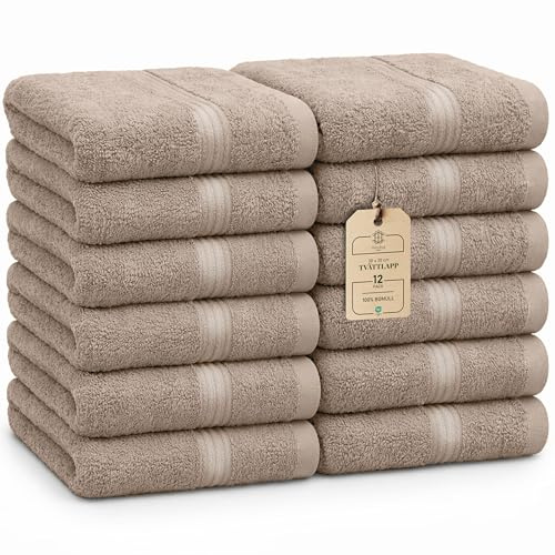 HomeBurg Luxe set med 12 tvättlappar – 100% bomull, mjuka och absorberande, lättskötta, premium för ansikte, 30×30 cm, Sand/Beige