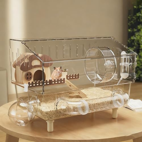 Hamsterbur i akryl med alla tillbehör 2-lagers hus med full transparent visning övningshjul förvaring livsmiljö öppen musbur för husdjursmöss, livsmiljö för dvärghamster, gerbils