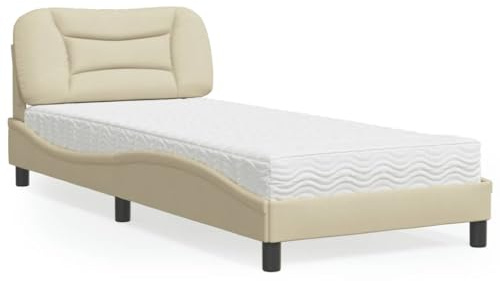 Mandloder Hvar Säng med madrass, krämfärgad, 90 x 200 cm, tygöverdrag, vågform, komfortskummadrass, modern design