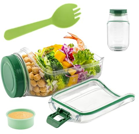 ZESHGON Salad Pod, Vertical Layering Salads Pod Built-in Bowl Design, Leakproof Salad Container for Lunch with Dressing Container, Wet Dry Separation Salads Jars with Lids for Meal Prep(Green)