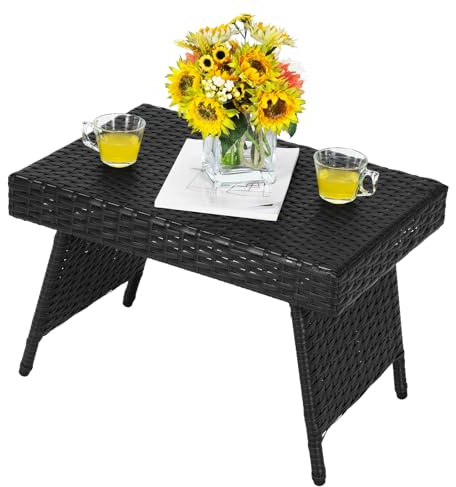 COSTWAY Beistelltisch Outdoor klappbar, Polyrattan Gartentisch, Balkontisch wetterfest, Kaffeetisch für Garten, Balkon, Terrasse, 60 x 40 x 40 cm (Schwarz)