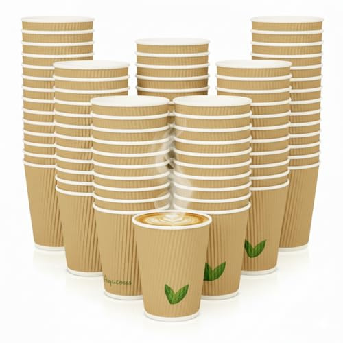 200 x 12oz Kraft Disposable Coffee Cups – Triple Wall Insulated Paper Cups for Hot or Cold Drinks – Ripple Wall Eco-Friendly Takeaway Cups for Coffee, Tea, Hot Chocolate, Disposable Paper Cups.