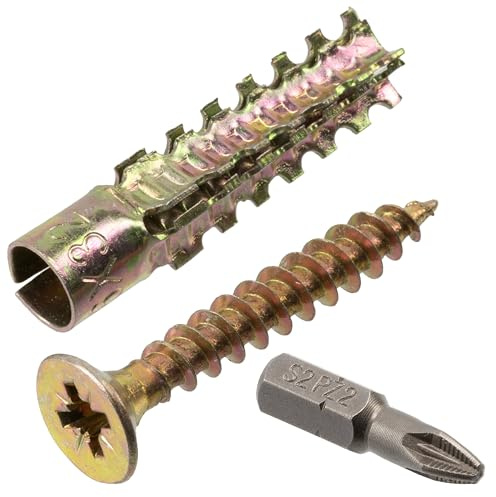AERZETIX - Kit de 15 tacos metálicos de expansión Ø6x32 mm color dorado + 15 tornillos Ø5x35 mm + 1 punta PZ2 | para hormigón celular y placas de yeso