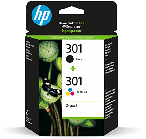 HP 301 2er-Pack Tintenpatronen, 1 schwarz und 1 dreifarbig Original (N9J72AE) Schwarz/Rot/Blau/Gelb