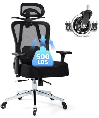Office Chair 500lbs Ergonomic Mesh Desk Chair for Heavy People, Heavy Duty Office Chair with Wide Thick Seat Cushion, 4D Armrest, Adjustable Headrest & Lumbar Support Computer Chair